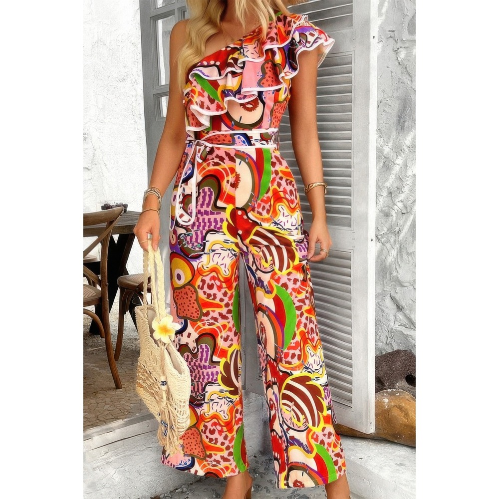 Unbranded One Shoulder Jumpsuit Women M Multicolor‎ New Ruffle Wide Leg Abstract
